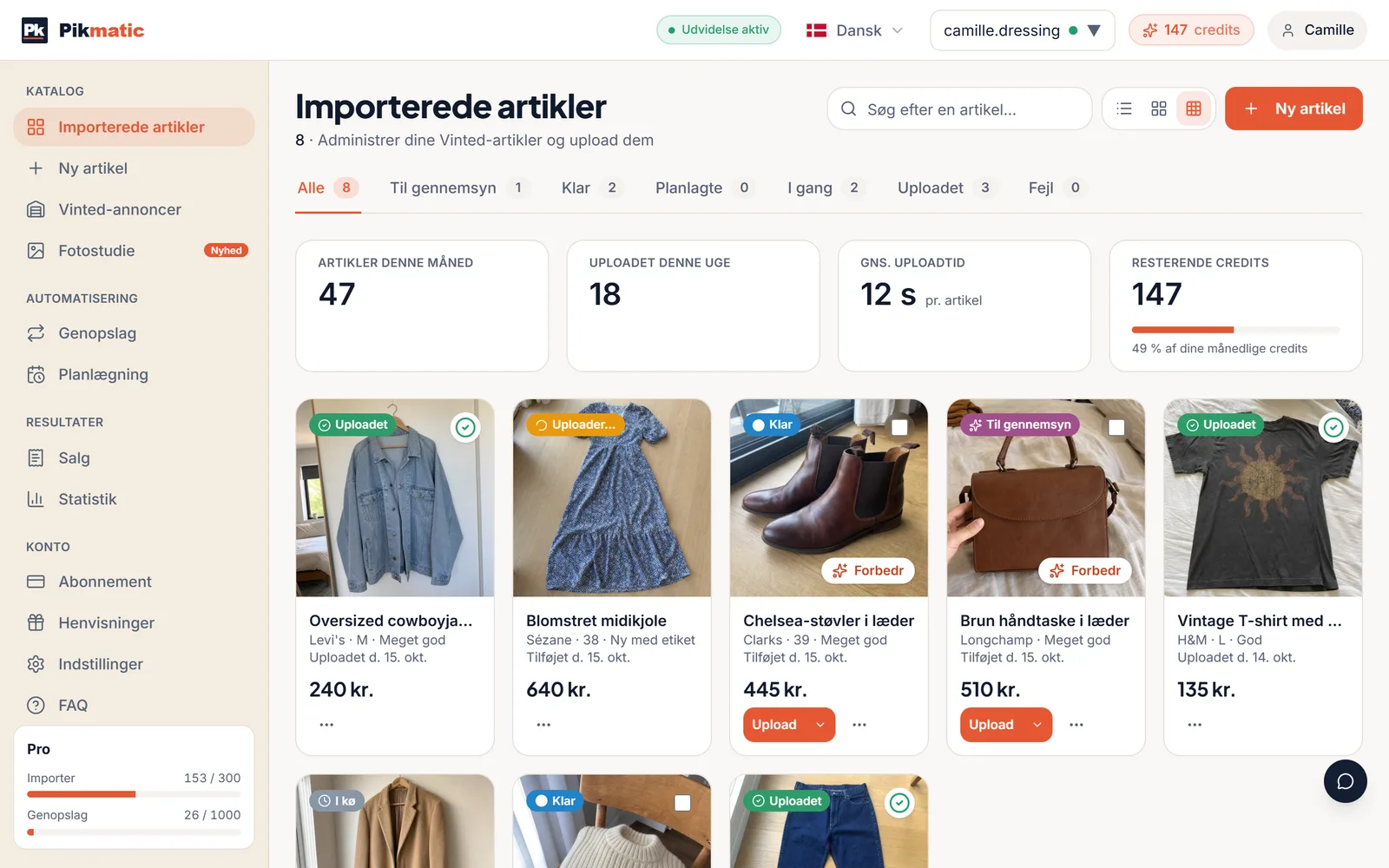 Pikmatic-kontrolpanel: automatisk Vinted-workflow med fotoupload, AI-analyse og upload med et klik