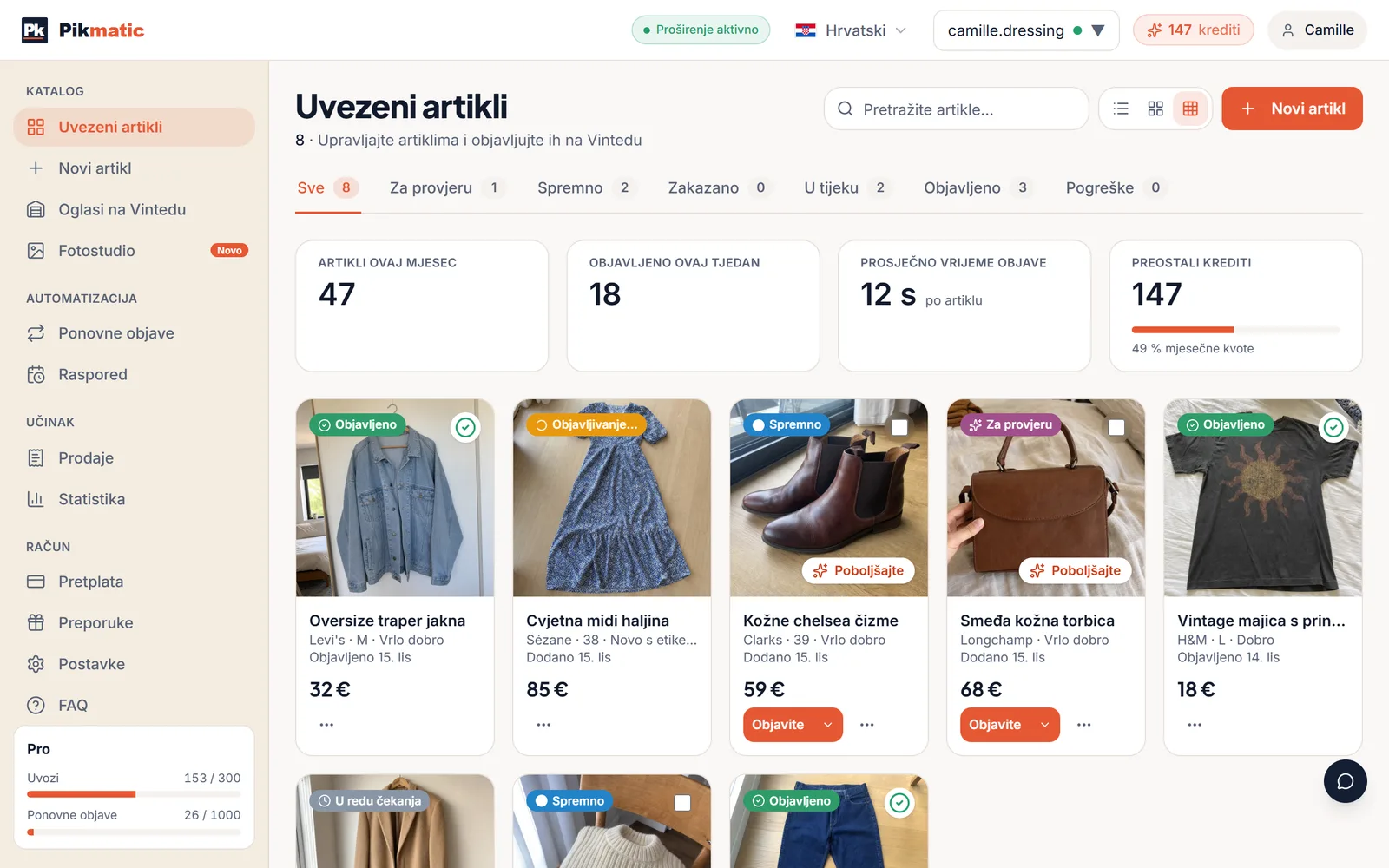 Pikmatic nadzorna ploča – automatski postupak objave na Vintedu: slanje fotografija, AI analiza, objava jednim klikom
